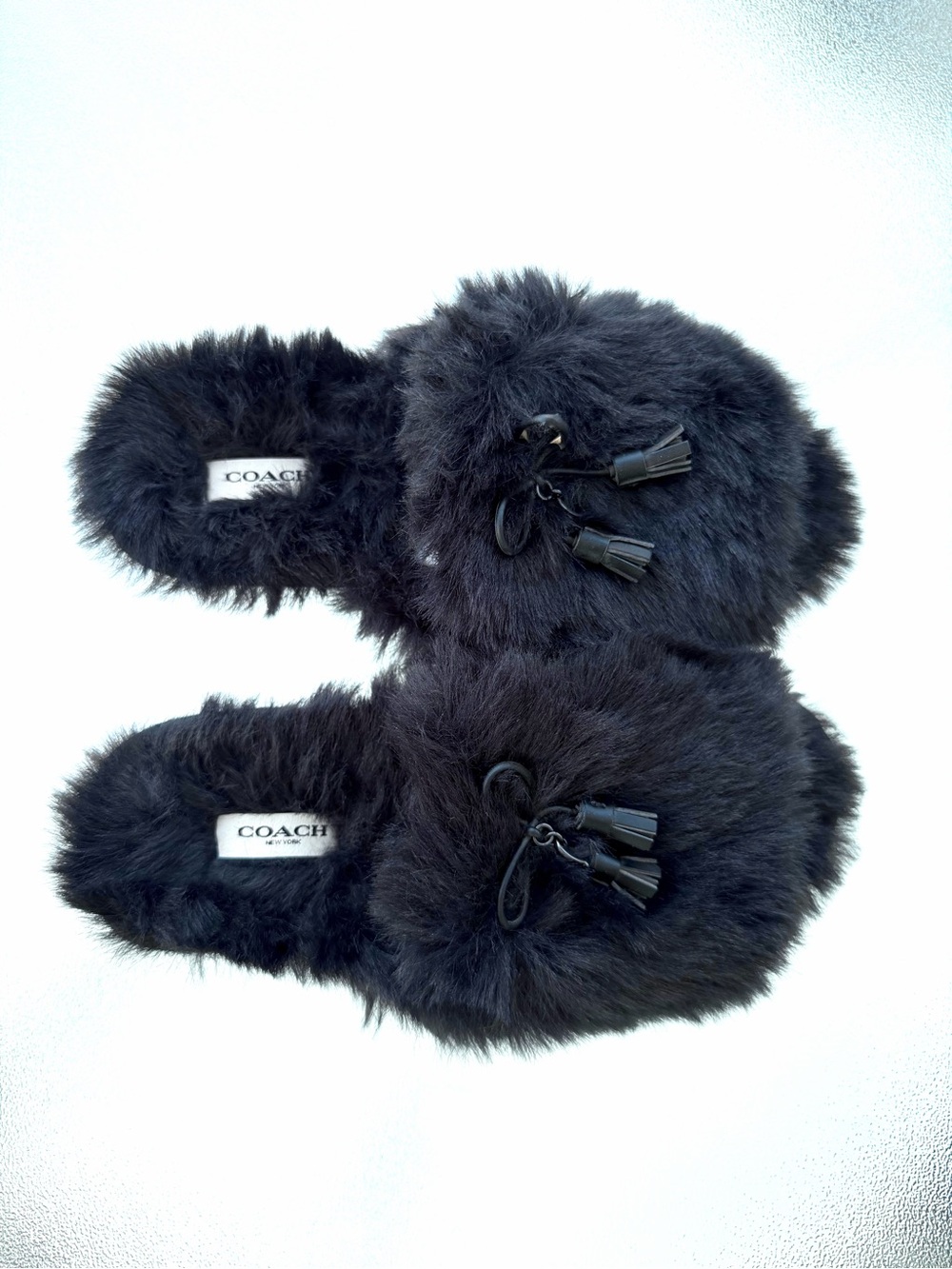 COACH Zoe Black Faux Fur Fuzzy Tassel Peep-Toe Slide Slippers ~ Women’s 7 - Picture 2 of 9